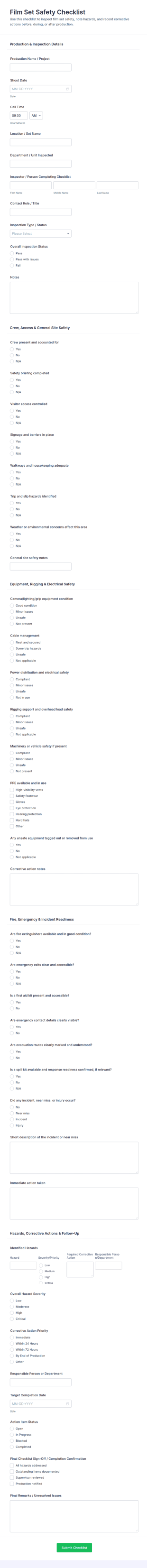 Film Set Safety Checklist Form Template