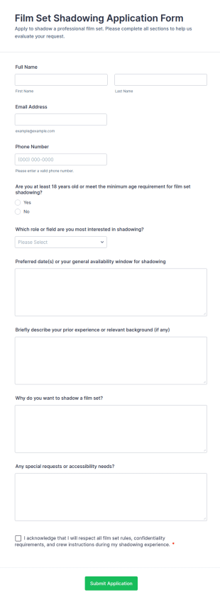Film Set Shadowing Application Form Template