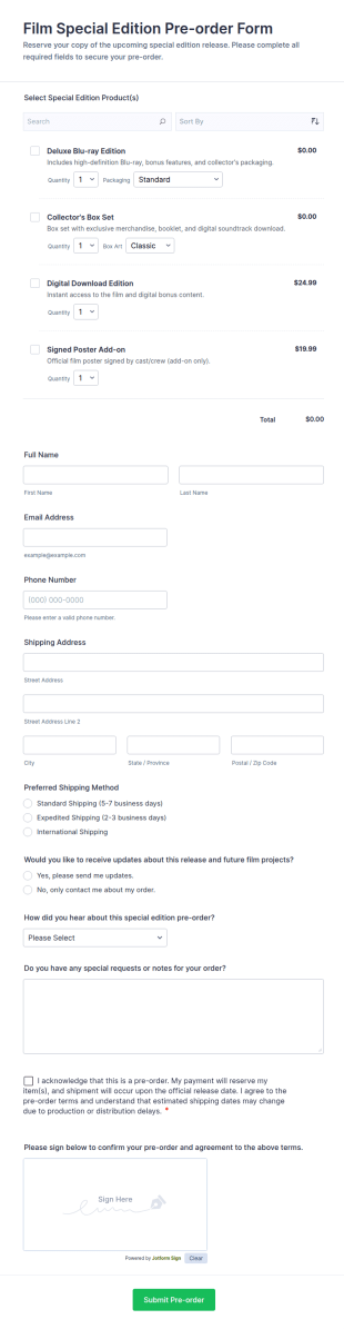 Film Special Edition Pre Order Form Template