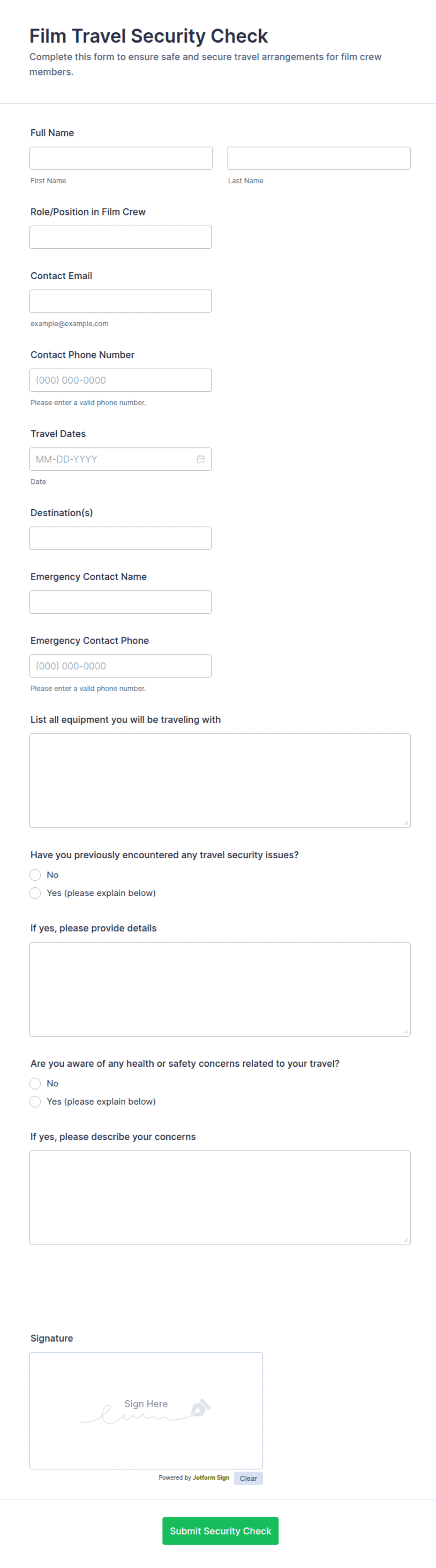 Film Travel Security Check Form Template | Jotform