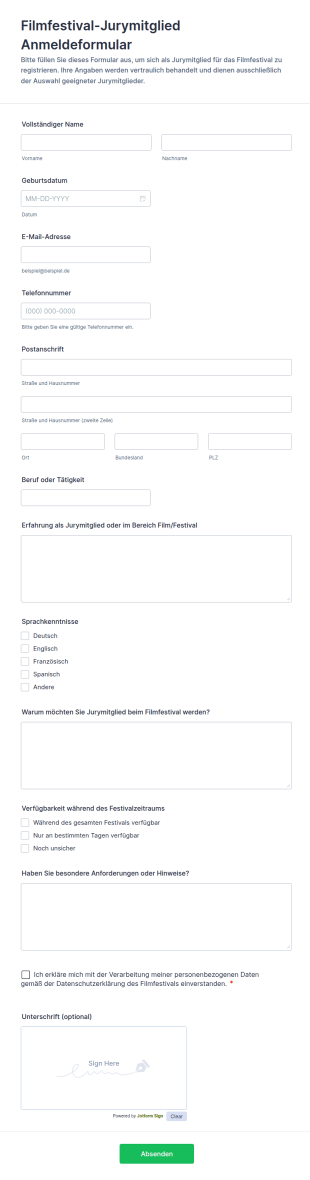 Filmfestival Jurymitglied Anmeldeformular
