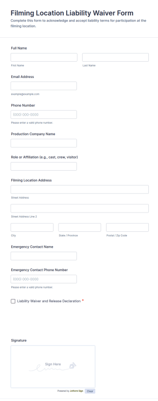 Filming Location Liability Waiver Form Template