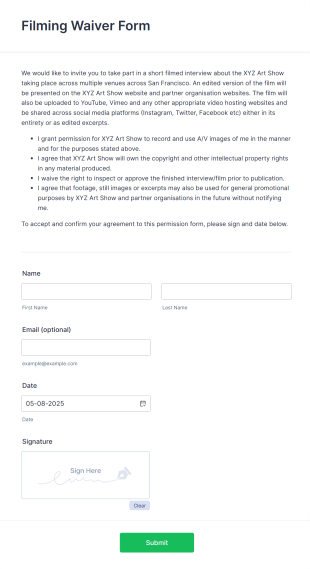 Filming Waiver Form Template