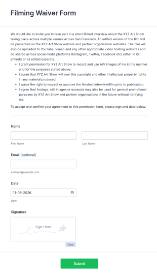 Filming Waiver Form Template