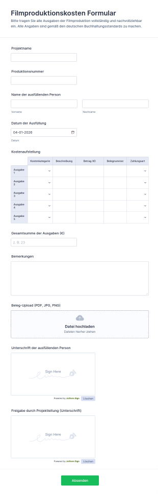 Filmproduktionskostenabrechnung Formular 🎬