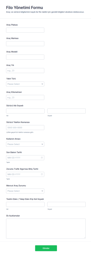 Filo Yönetimi Form Şablonu