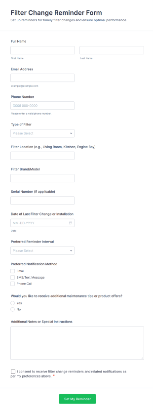 Filter Change Reminder Form Template