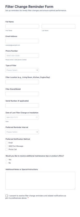 Filter Change Reminder Form Template