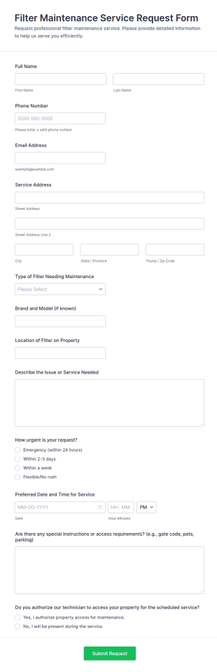 Filter Maintenance Service Request Form Template