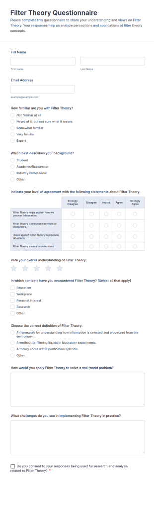 Filter Theory Questionnaire Form Template