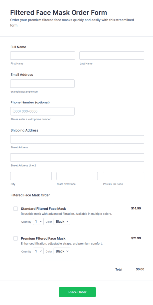 Filtered Face Mask Order Form Template