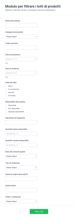 Filtro Lotti Prodotto