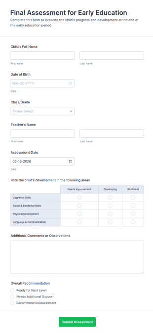 Final Assessment For Early Education Form Template