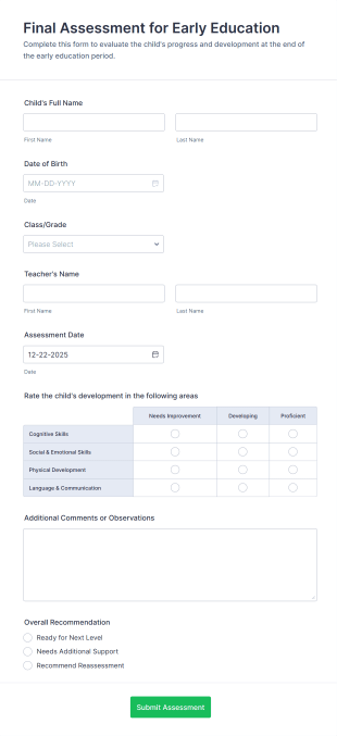 Final Assessment For Early Education Form Template