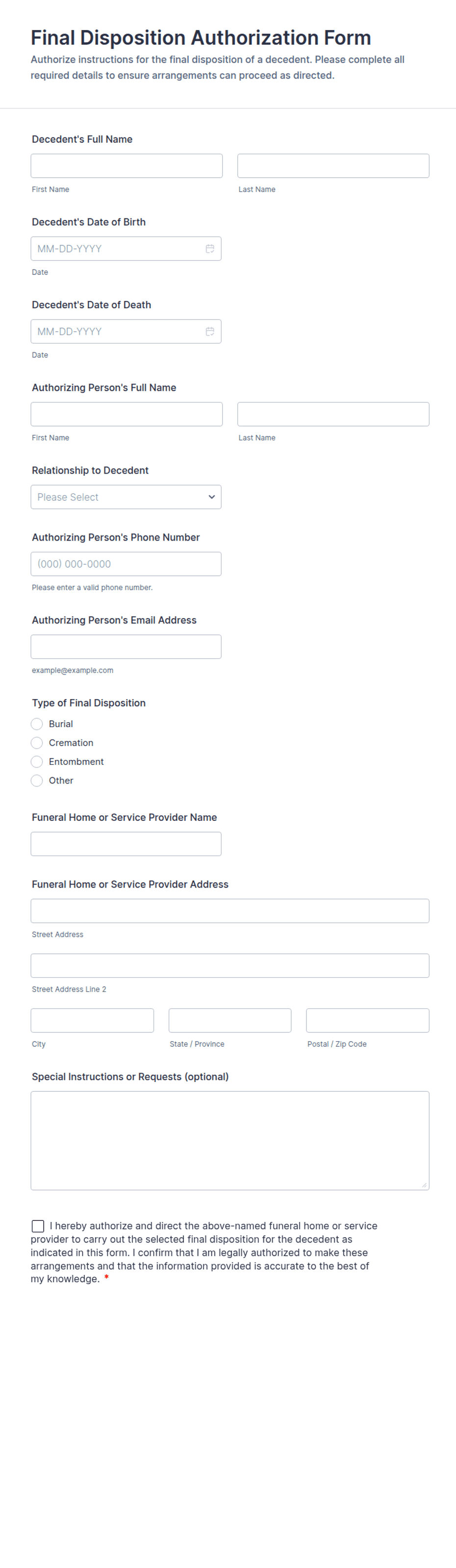 Final Disposition Authorization Form Template | Jotform