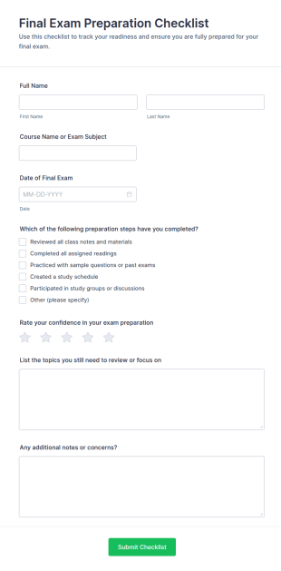 Final Exam Preparation Checklist Form Template