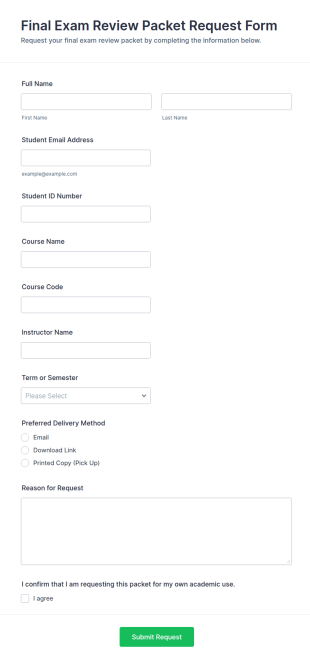 Final Exam Review Packet Request Form Template