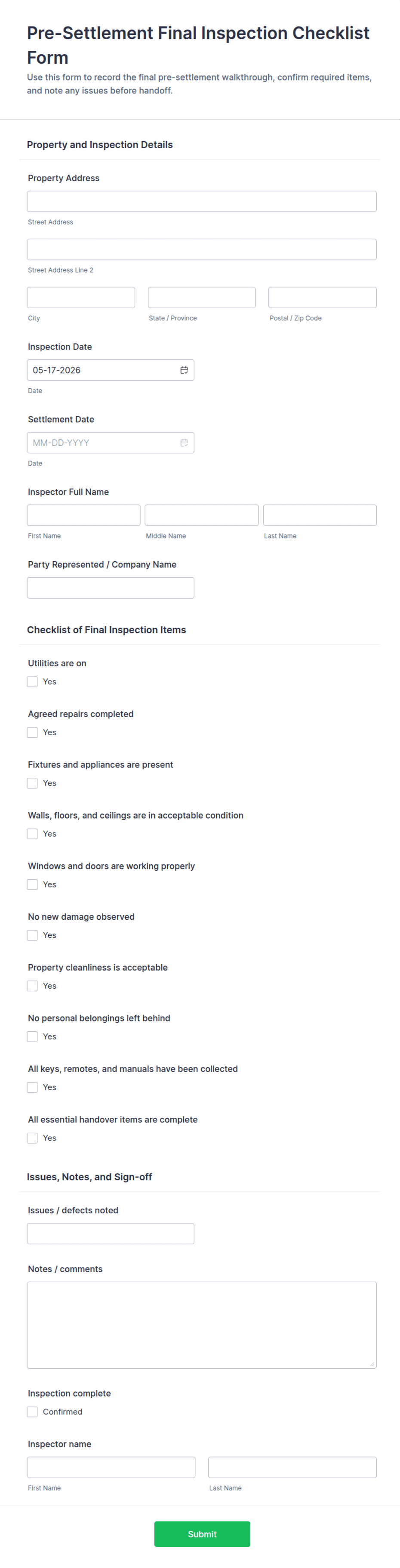 Final Inspection Checklist Form Template | Jotform