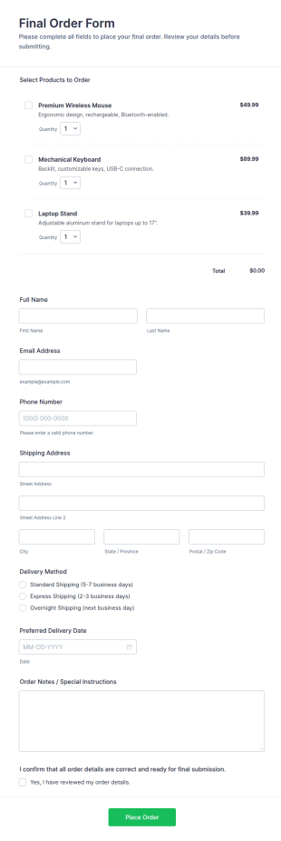 Final Order Form Template