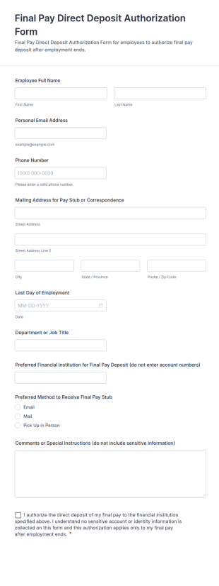 Final Pay Direct Deposit Authorization Form Template