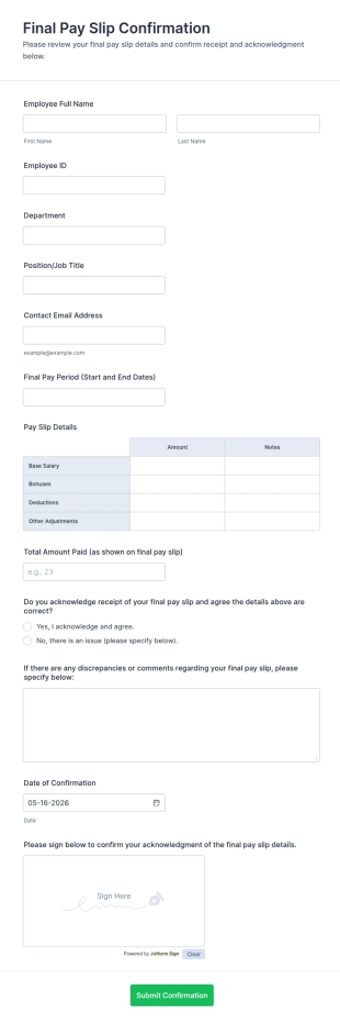 Final Pay Slip Confirmation Form Template