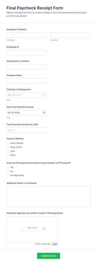 Final Paycheck Receipt Form Template