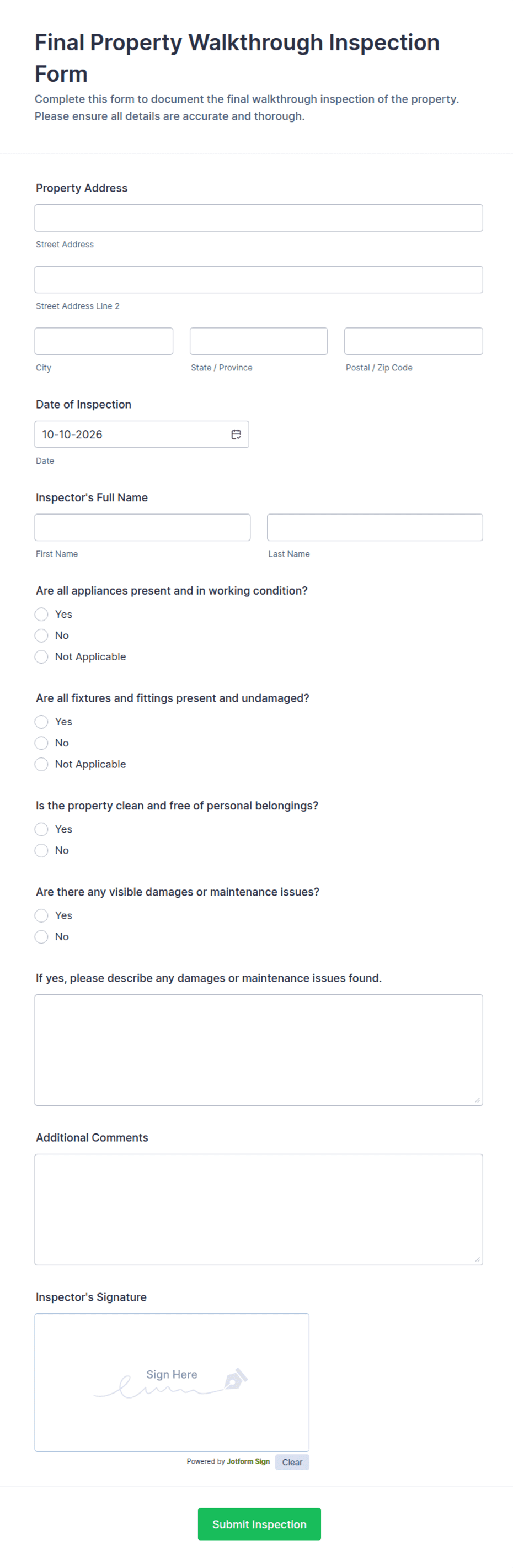 Final Property Walkthrough Inspection Form Template | Jotform