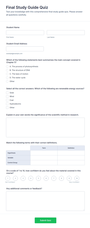 Final Study Guide Quiz Form Template