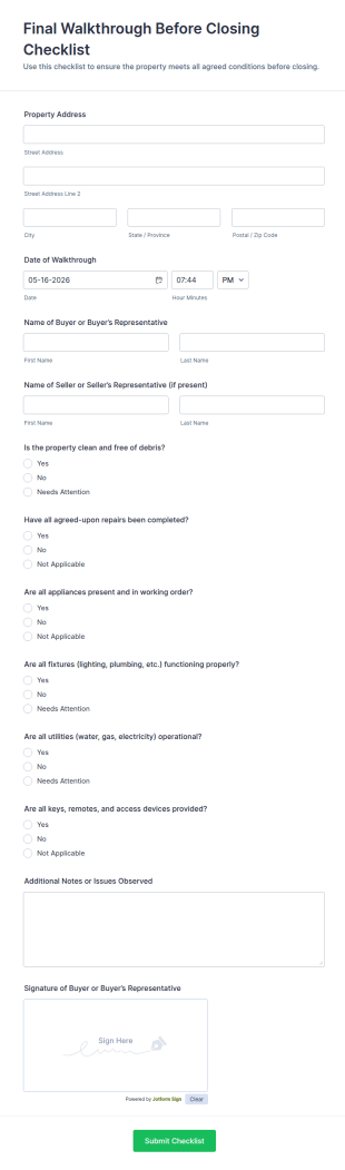 Final Walkthrough Before Closing Checklist Form Template
