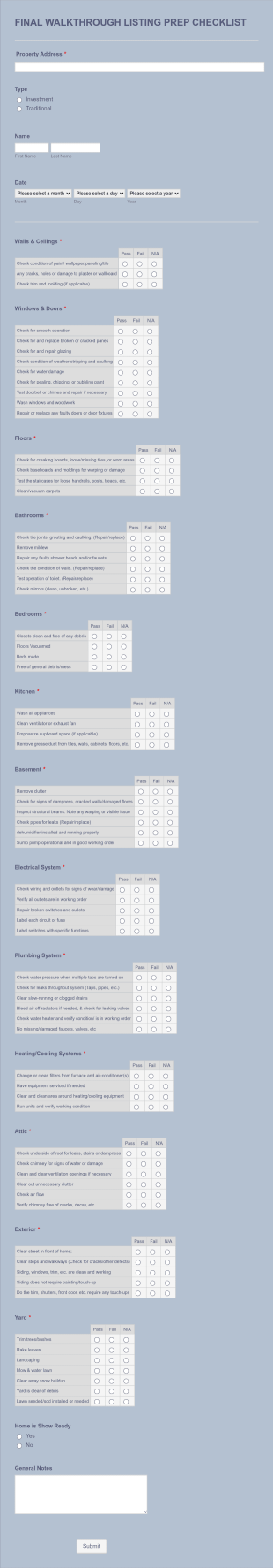 Final Walkthrough Checklist Form Template