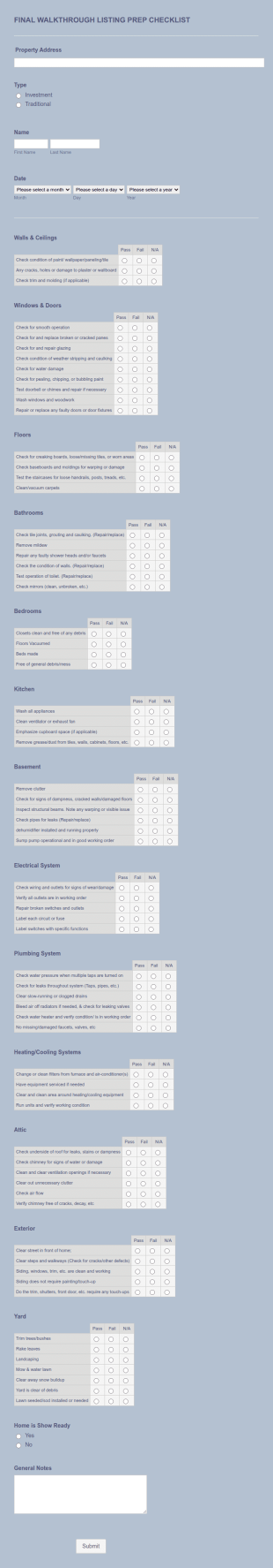 Final Walkthrough Checklist Form Template