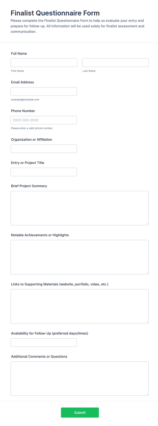 Finalist Questionnaire Form Template