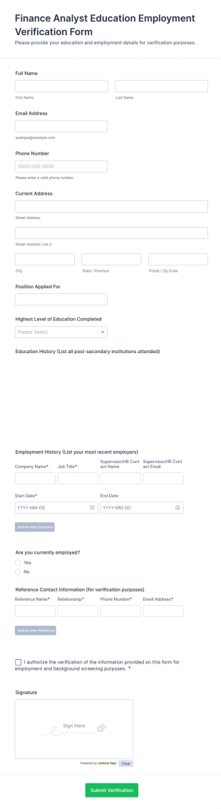 Finance Analyst Education Employment Verification Form Template