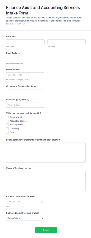 Finance Audit And Accounting Services Intake Form Template