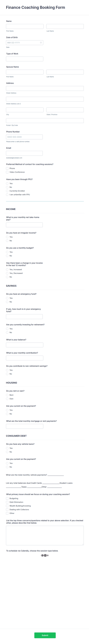 Finance Coaching Booking Form Template