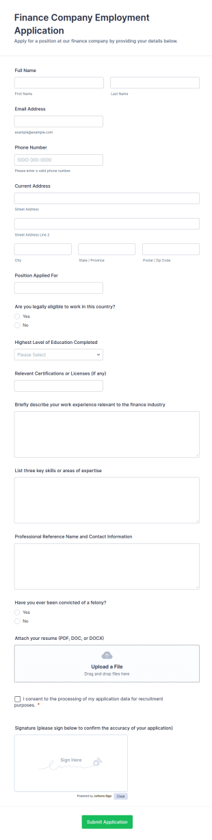 Finance Company Employment Application Form Template