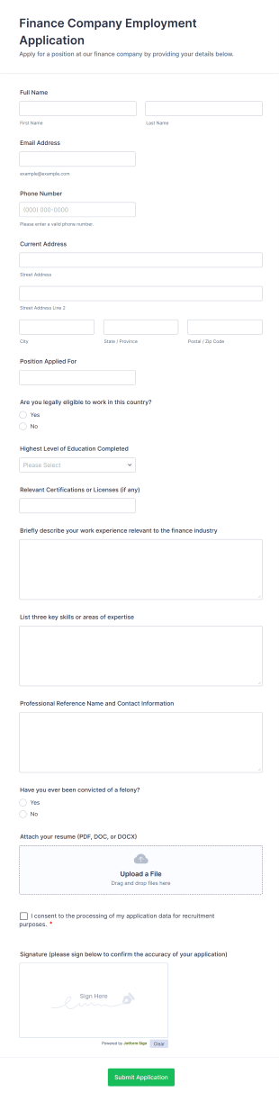 Finance Company Employment Application Form Template