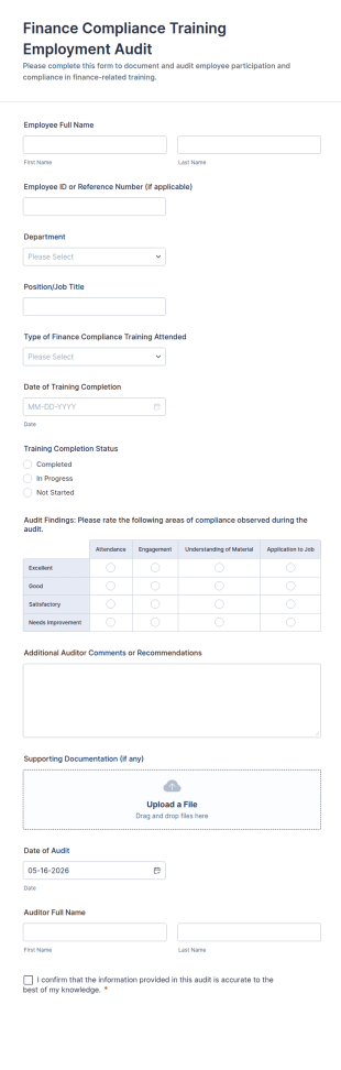 Finance Compliance Training Employment Audit Form Template