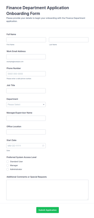 Finance Department Application Onboarding Form Template