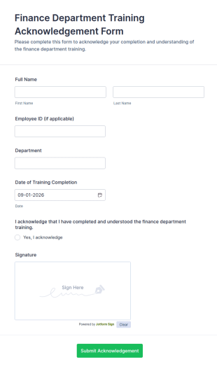 Finance Department Training Acknowledgement Form Template