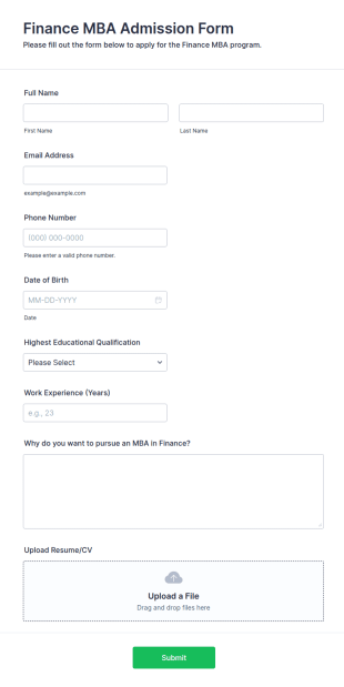 Finance MBA Admission Form Template
