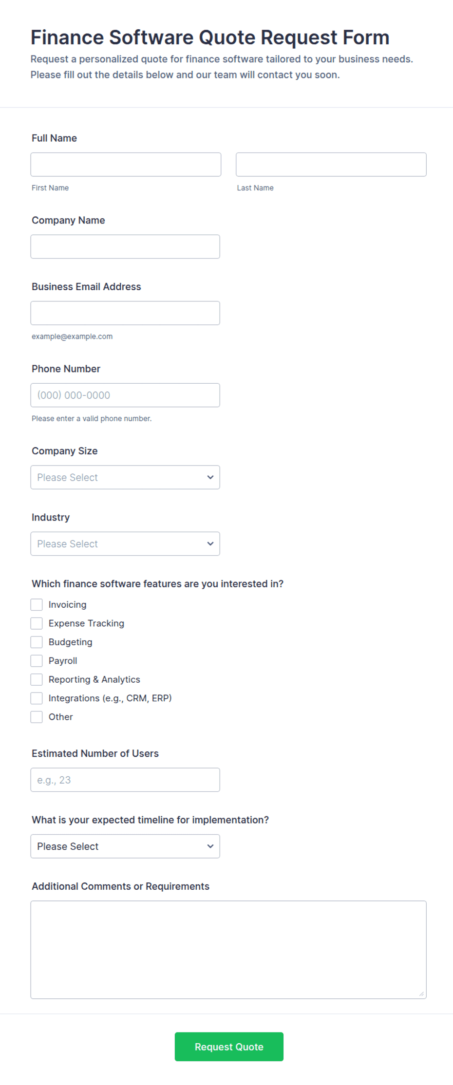 Finance Software Quote Request Form Template | Jotform