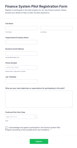 Finance System Pilot Registration Form Template