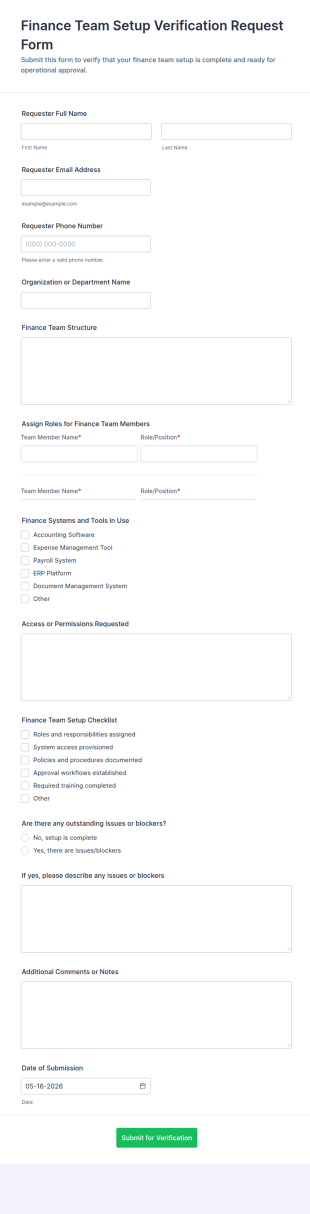 Finance Team Setup Verification Request Form Template