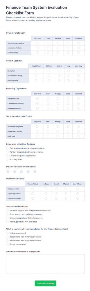 Finance Team System Evaluation Checklist Form Template