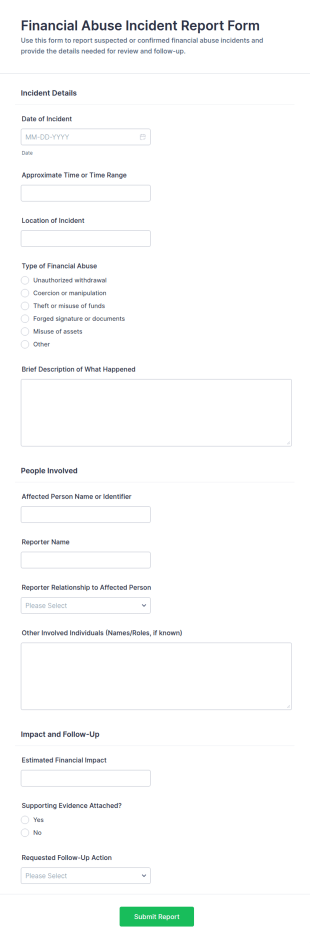 Financial Abuse Incident Report Form Template