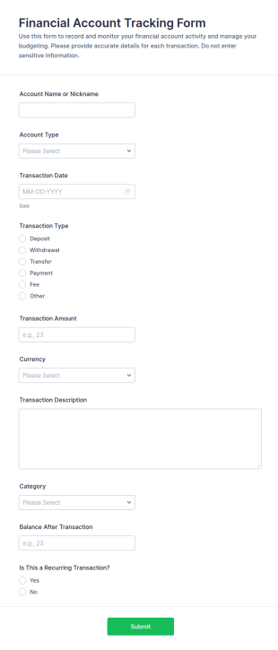 Financial Account Tracking Form Template