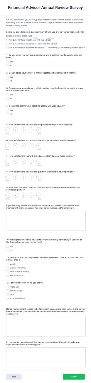 Financial Advisor Annual Review Survey Form Template