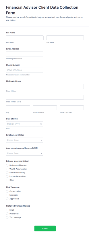 Financial Advisor Client Data Collection Form Template