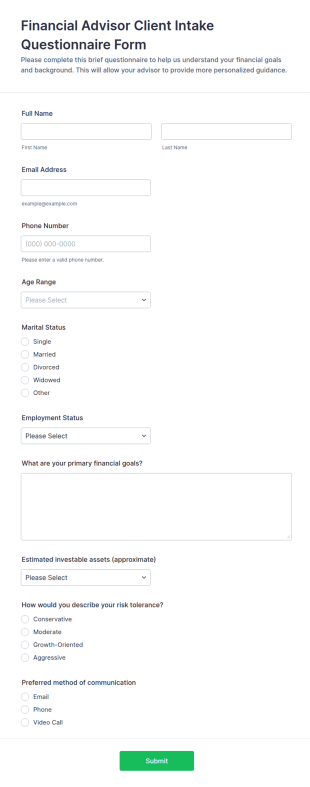Financial Advisor Client Intake Questionnaire Form Template